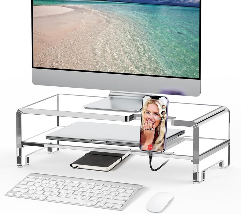 Beimu Acrylic Monitor Stand Riser L16''xW7.5''xH4.7'' 2-Tier Acrylic Laptop Stand Clear Computer Stand Laptop Riser with Storage Desk Organizer Accessories for Home and Office - Image 1