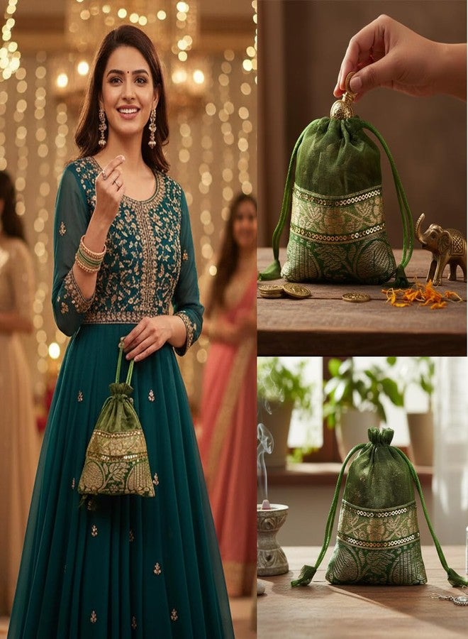 Touchstone Drawstring Bags Traditional Indian Handcrafted in Elephant Pattern Brocade fabric. Perfect for Gifts Jewelry Weddings Sweet Distribution Set of 9 Vibrant Multicolor Pouches Purses Potli - Image 2