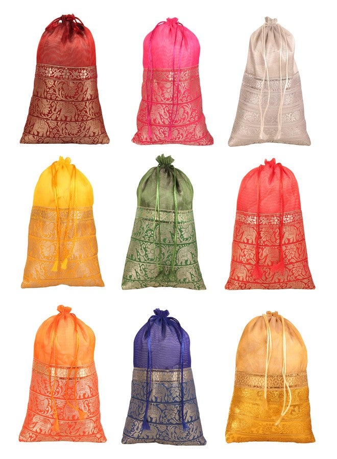 Touchstone Drawstring Bags Traditional Indian Handcrafted in Elephant Pattern Brocade fabric. Perfect for Gifts Jewelry Weddings Sweet Distribution Set of 9 Vibrant Multicolor Pouches Purses Potli - Image 1