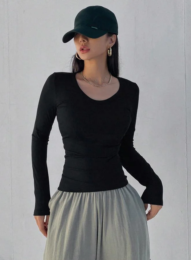 Take Two Black Ribbed Long-Sleeve Crew Neck Top