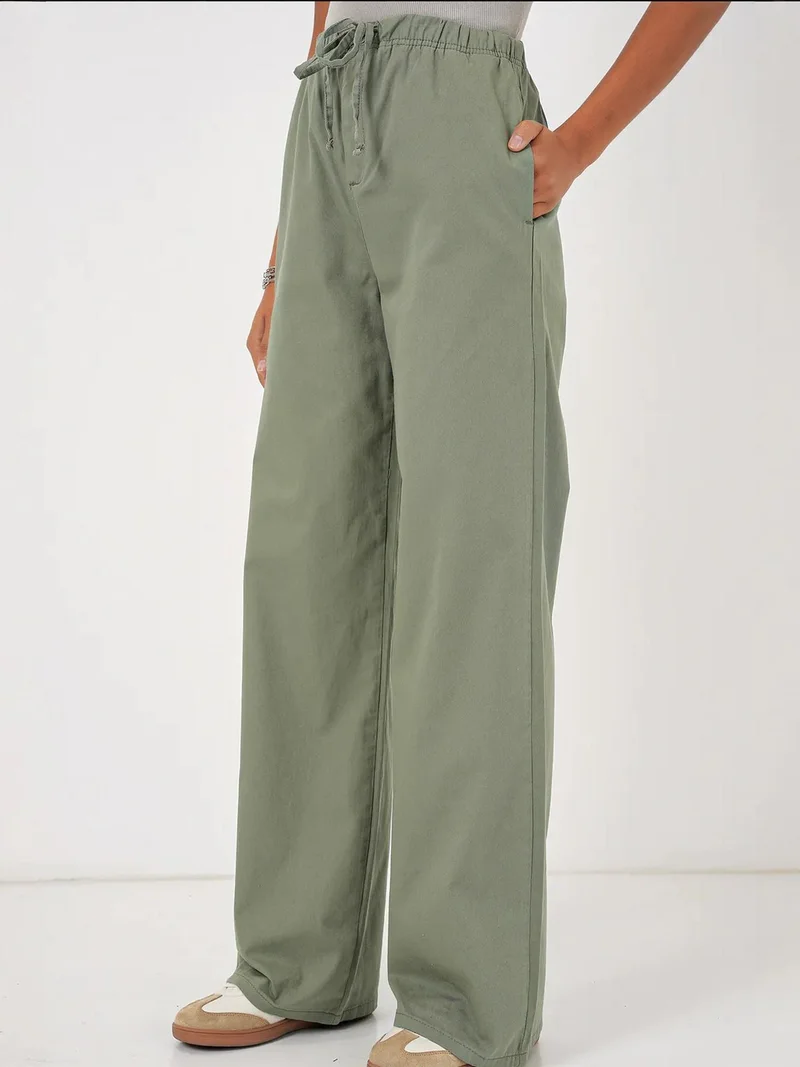 بيغ دارت بنطلون قطني واسع الساق بخصر عالٍ ورباط