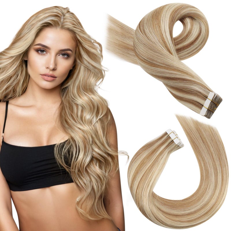 Moresoo Blonde Tape in Hair Extensions Highlighted Human Hair Extensions Tape ins Remy Straight Blonde Hair Extensions Tape in Human Hair Longer Hair for Women 22 Inch P660 20pcs 50g