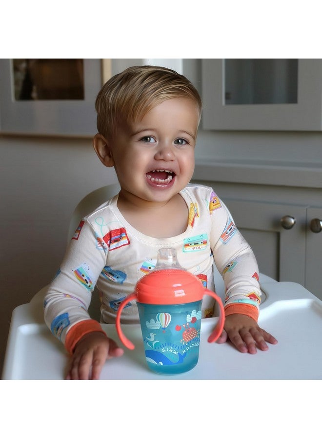 Nuby No-Spill Two Handle Baby’s First Soft Spout Cup with Hygienic Cover | 2 Pack Printed: Aqua Ocean & Pink Animal Prints | 8oz/ 240 ml | 4+ Months | 2 pack - Image 1