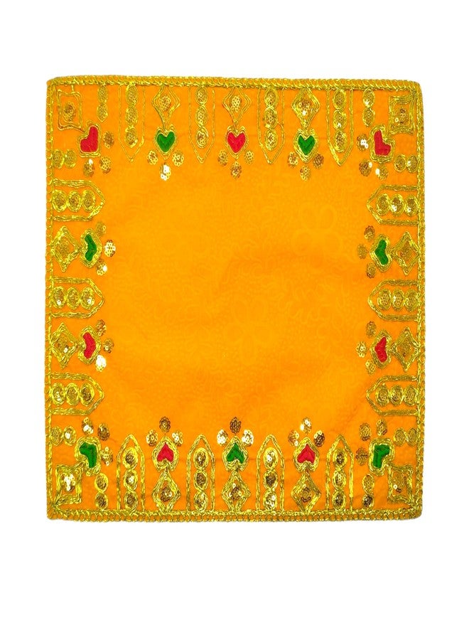 Achleshwar Designer Velvet Embroidered Pooja Aasan Cloth|Chowki Aasan for God Idol|Mandir Table Altar Cover for Puja & Diwali Decoration|Yellow|10x20 Inch - Image 1