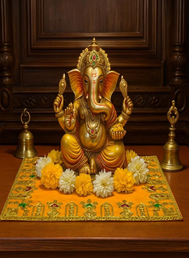 Achleshwar Designer Velvet Embroidered Pooja Aasan Cloth|Chowki Aasan for God Idol|Mandir Table Altar Cover for Puja & Diwali Decoration|Yellow|10x20 Inch - Image 3