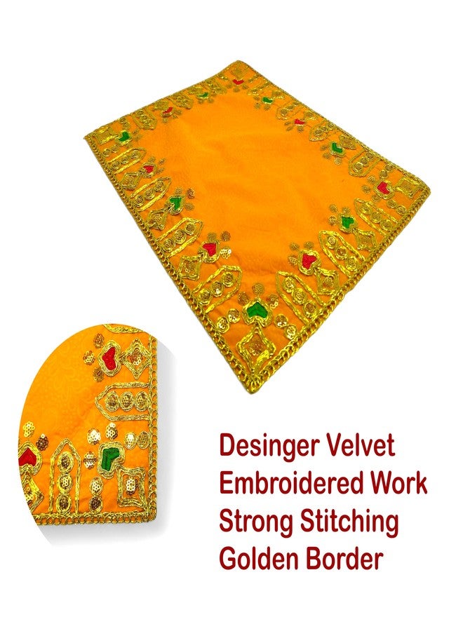Achleshwar Designer Velvet Embroidered Pooja Aasan Cloth|Chowki Aasan for God Idol|Mandir Table Altar Cover for Puja & Diwali Decoration|Yellow|10x20 Inch - Image 4