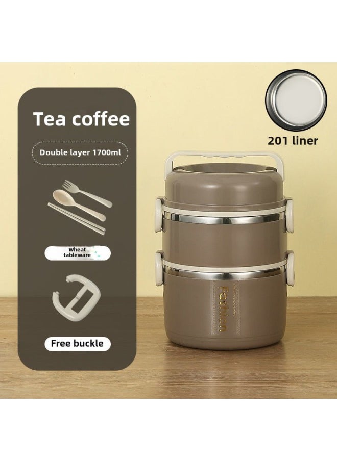 Generic - Stainless Steel Lunch Box Insulation Portable Separated Office Worker Cute Lunch Box Student Lunch Box With Lid Bowl Insulation Bucket-Specifications:201 Stainless Steel Layer-by-layer Sealed Tea Coffee Two-layer + Tableware - Image 1