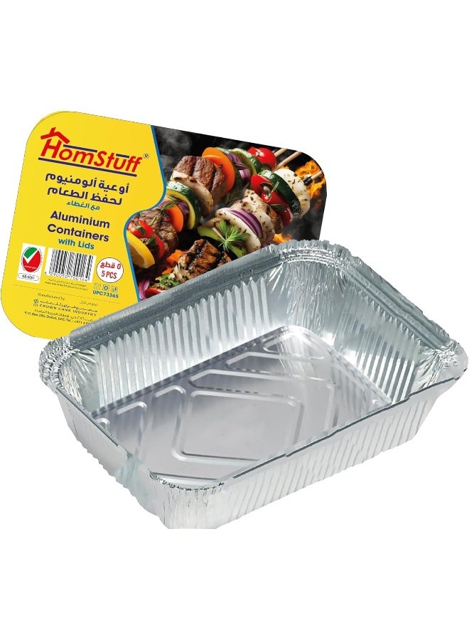 HomStuff Aluminium Foil Container with Lid 73365 (3650 ml), Pack of 5 pcs, Aluminium Disposable container | Parcel Box | Packaging Hot/Dry Foods | Freezer Containers for Takeaway Food Packaging.