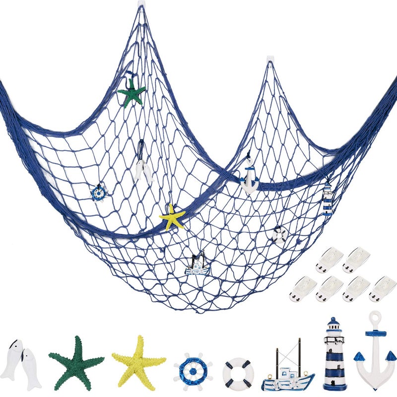 Jetec Decorative Fishnet Nautical Fishing Net Wall Hanging Decor 8 Pieces Starfish Sailboat Lighthouse Life Ring Rudder with Transparent Hook for Mermaid Mediterranean Party Blue 