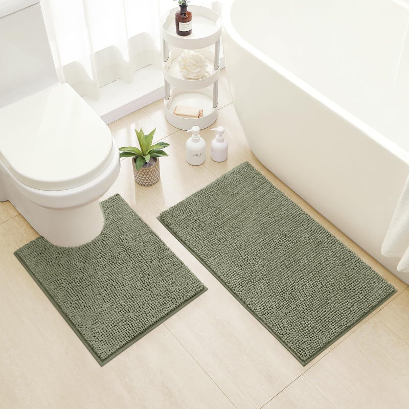 مجموعة سجادات الحمام HOMEIDEAS 2 قطعة فائقة النعومة غير قابلة للانزلاق ماصة من شينيل باللون الأخضر المريمي