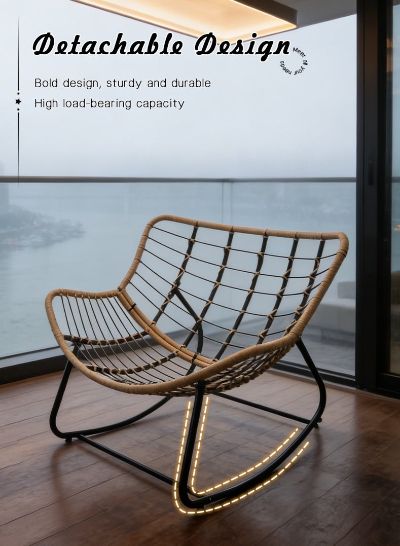 كرسي هزاز فاخر من الروطان مع وسادة مبطنة، كرسي هزاز مريح، كرسي هزاز مزدوج للشرفة أو الحديقة أو الشرفة الأمامية أو غرفة المعيشة - Image 3