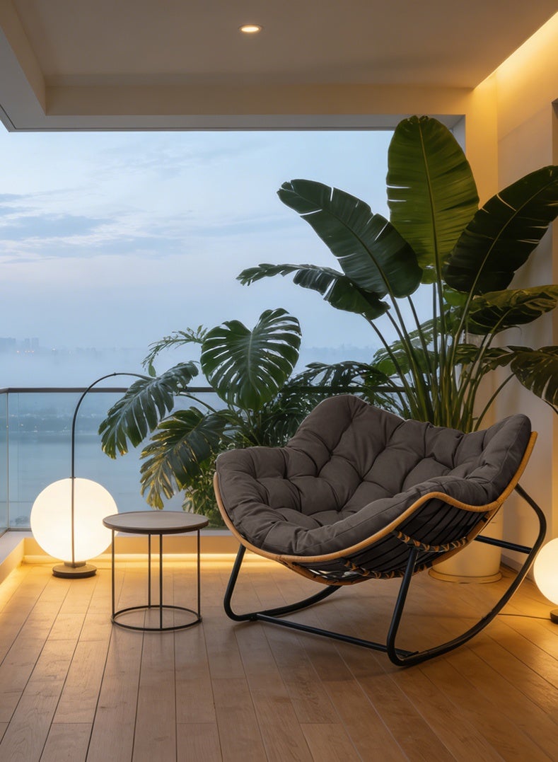 كرسي هزاز فاخر من الروطان مع وسادة مبطنة، كرسي هزاز مريح، كرسي هزاز مزدوج للشرفة أو الحديقة أو الشرفة الأمامية أو غرفة المعيشة - Image 1