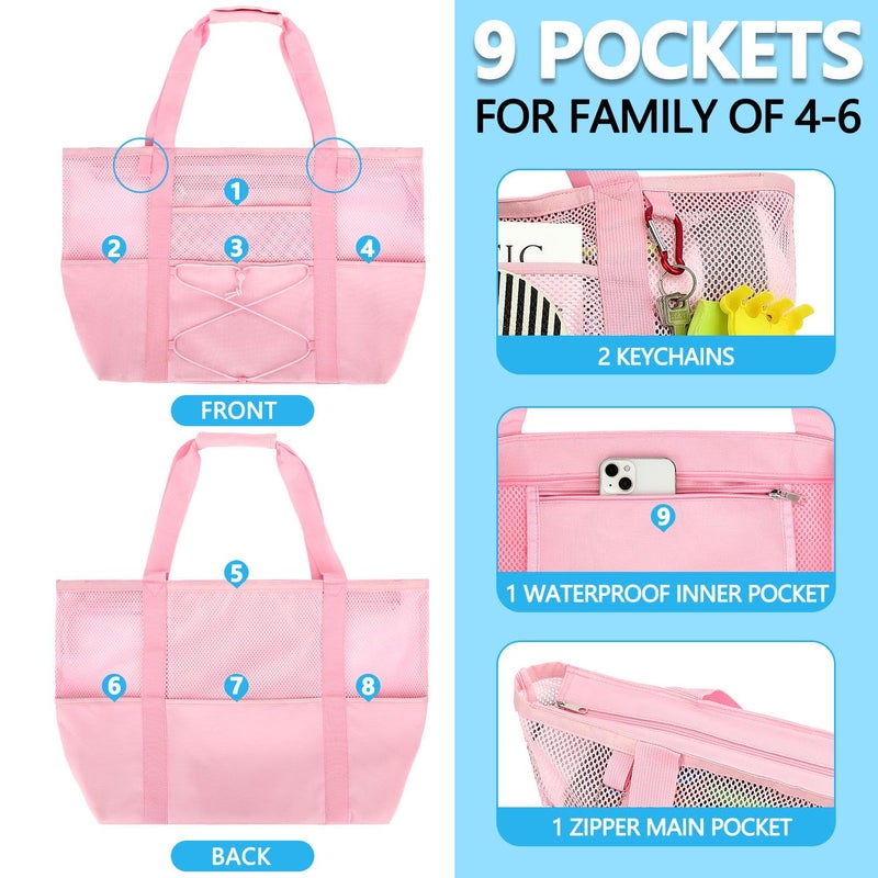 Fammart Mesh Beach Bag, Large Beach Tote with Zipper Pocket, Toys Pool Bag for Family Travel Vacation Cruise Essentials, Large, Sandproof - Pink - Image 4
