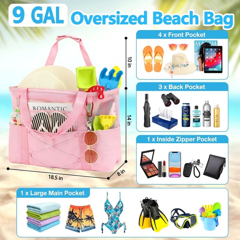 Fammart Mesh Beach Bag, Large Beach Tote with Zipper Pocket, Toys Pool Bag for Family Travel Vacation Cruise Essentials, Large, Sandproof - Pink - Image 3
