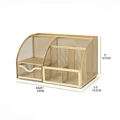 Annova Mesh Desk Organizer Office with 7 Compartments + Drawer/Desk Tidy Candy/Pen Holder/Multifunctional Organizer (Gold) - Image 2