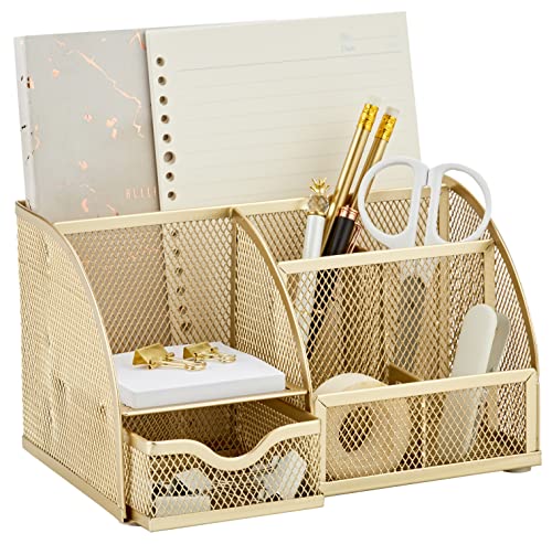 Annova Mesh Desk Organizer Office with 7 Compartments + Drawer/Desk Tidy Candy/Pen Holder/Multifunctional Organizer (Gold) - Image 1