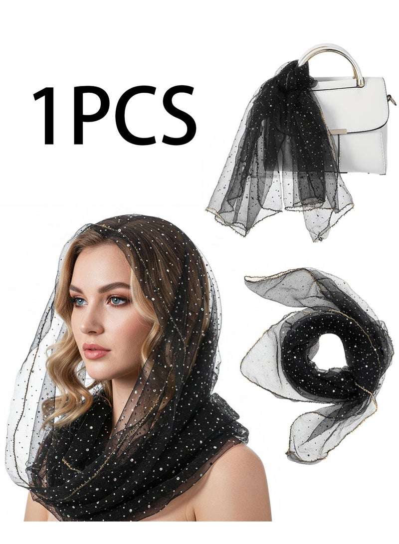 Fashion Head Scarf for Women Black Rhinestone Head Scarf for Women, 31.5 Inch Square Bandana, Sparkling 90s Style Hair Wrap & Shawl - Image 1