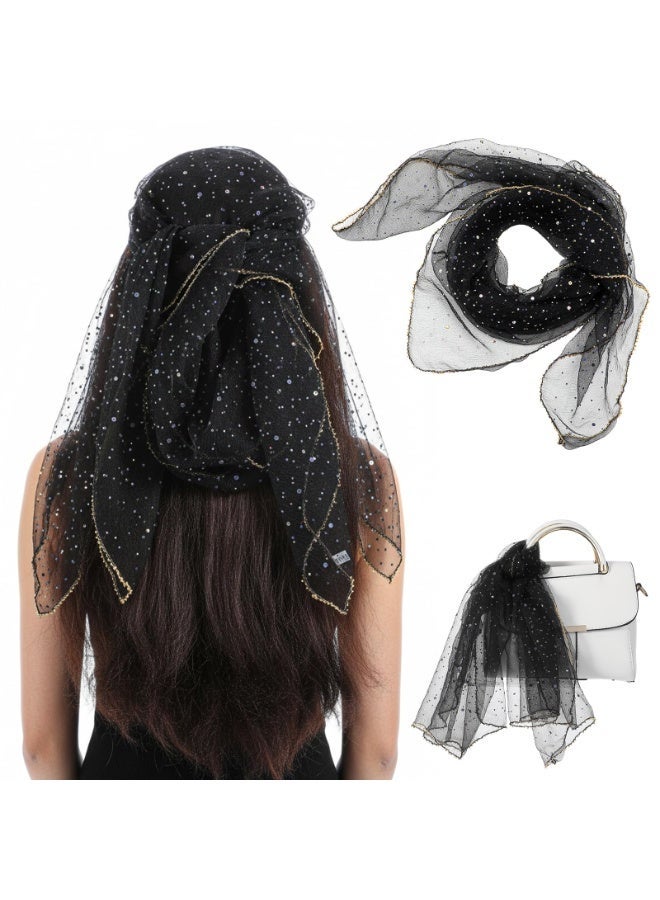 Fashion Head Scarf for Women Black Rhinestone Head Scarf for Women, 31.5 Inch Square Bandana, Sparkling 90s Style Hair Wrap & Shawl - Image 2