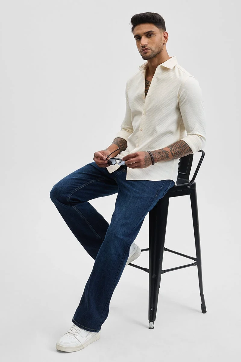 سنيتش Cream Textured Long Sleeve Slim Fit Casual Shirt