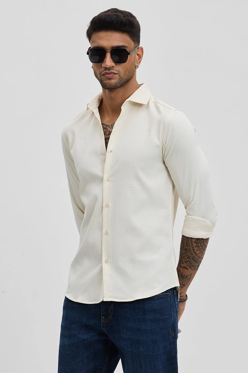سنيتش Cream Textured Long Sleeve Slim Fit Casual Shirt