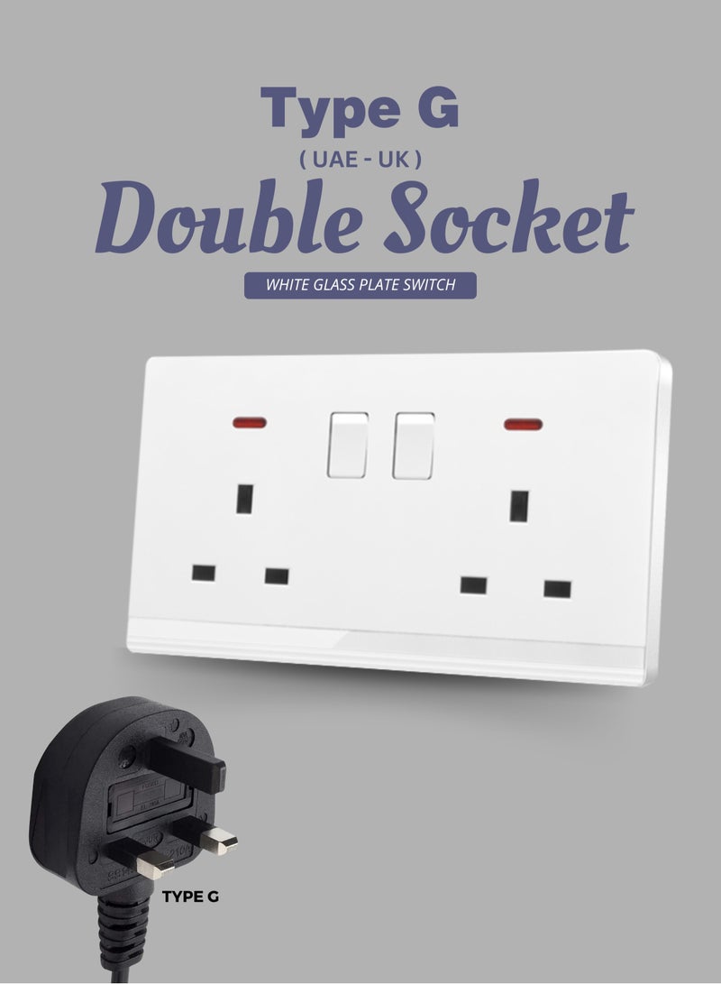 Vmax Double 13A Type-G Plug Socket with Switch & Indicator Light - 3x3" White/Ivory Finish - Image 1
