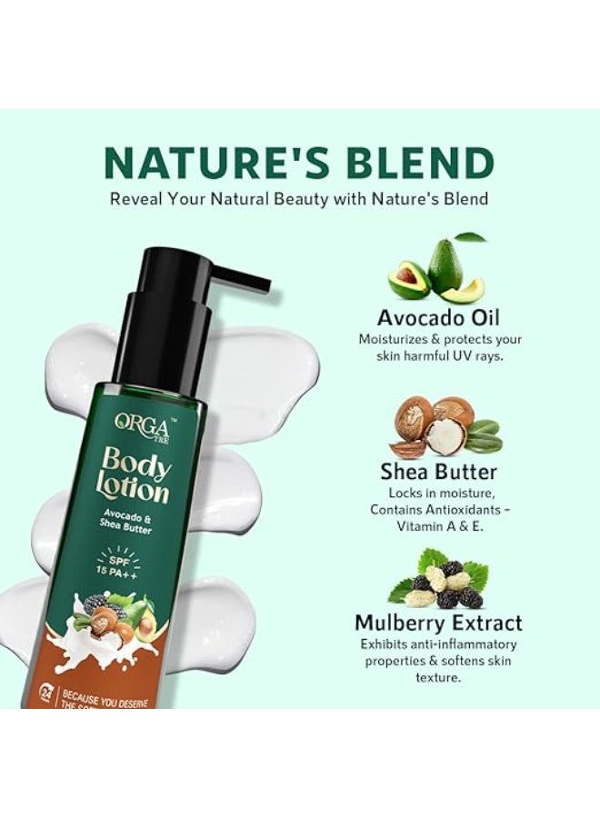 Orgatre Body Lotion | Avocado & Shea Butter with SPF 15 PA++ | Moisturizer for Dry Skin | Brightening & Sun Protection Body Cream 150 ml - Image 3