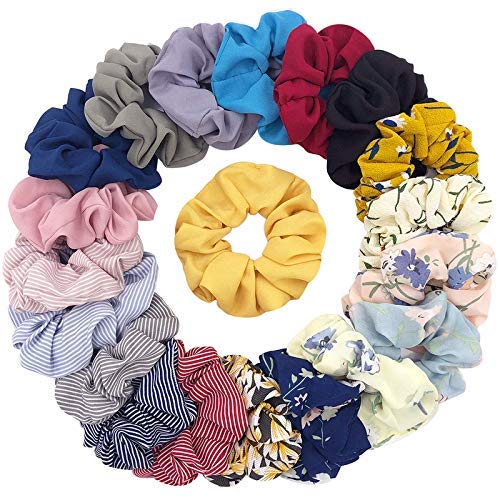 FAMEZA 14 Colors Hair Scrunchies - Chiffon Flower Hair Bow Ponytail Holder, 8 Floral and 6 Solid Colors for Women (STYLE 1) Multicolor - Image 5