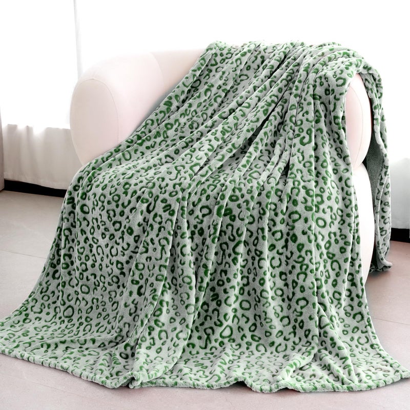 MIBOI Green Fleece Throw Blanket for Couch Sofa Bed, Soft Cozy Plush Leopard Cheetah Print Spring Blankets, Lightweight Green Spring Home Decor Gifts for Adults, Women, Girls - Image 1