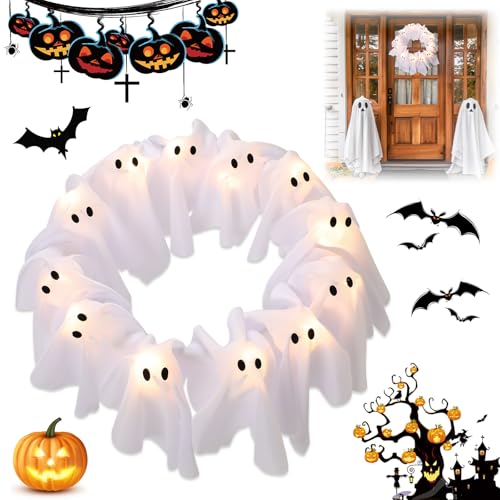 Iaolose LED Light-Up Halloween Ghost Wreath, 12 Glowing White Ghost Garland, Halloween Ghost Wreath, Spooky Indoor & Outdoor Hanging Decoration for Front Door, Wall, Party - Image 1