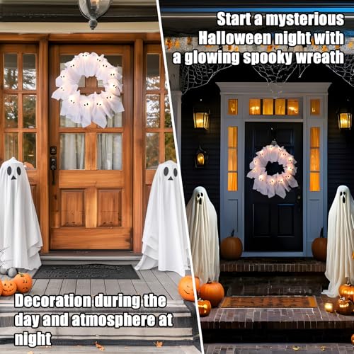 Iaolose LED Light-Up Halloween Ghost Wreath, 12 Glowing White Ghost Garland, Halloween Ghost Wreath, Spooky Indoor & Outdoor Hanging Decoration for Front Door, Wall, Party - Image 3
