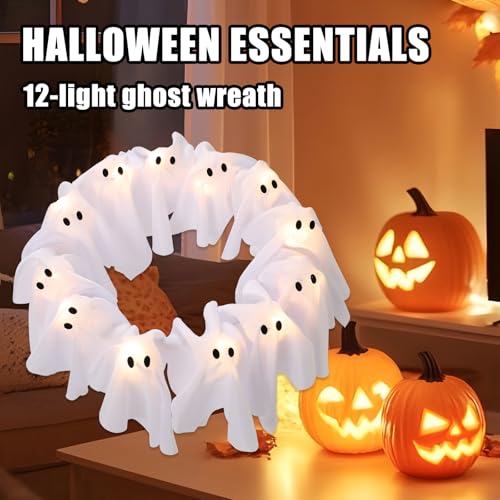 Iaolose LED Light-Up Halloween Ghost Wreath, 12 Glowing White Ghost Garland, Halloween Ghost Wreath, Spooky Indoor & Outdoor Hanging Decoration for Front Door, Wall, Party - Image 5