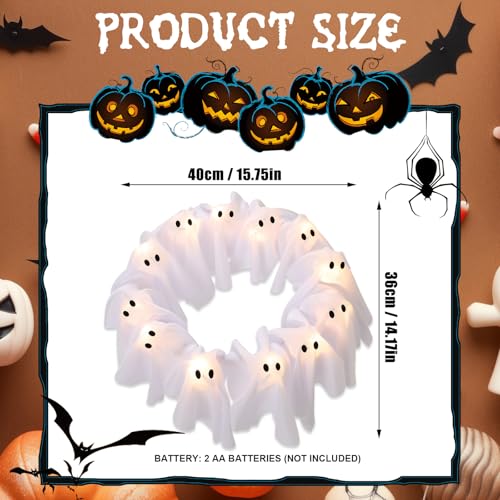 Iaolose LED Light-Up Halloween Ghost Wreath, 12 Glowing White Ghost Garland, Halloween Ghost Wreath, Spooky Indoor & Outdoor Hanging Decoration for Front Door, Wall, Party - Image 4