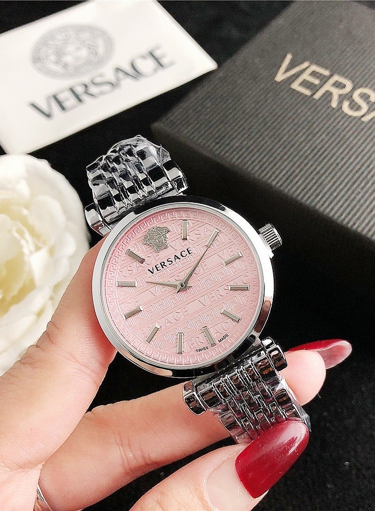 Versace Women's Cubic Zirconia Classic Fashion Versatile Quartz Watch with Silver Stainless Steel Band 35mm Pink Dial