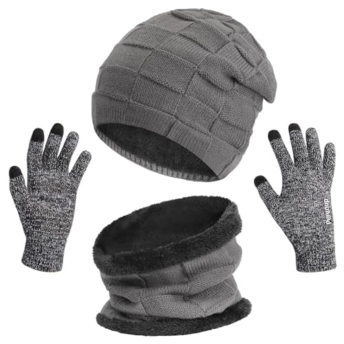 MAYLISACC 3Pcs Men Beanie Hat Scarf with Knit Gloves Touchscreen Set Winter Caps Ski Neck Warmer for Guys Grey - Image 1