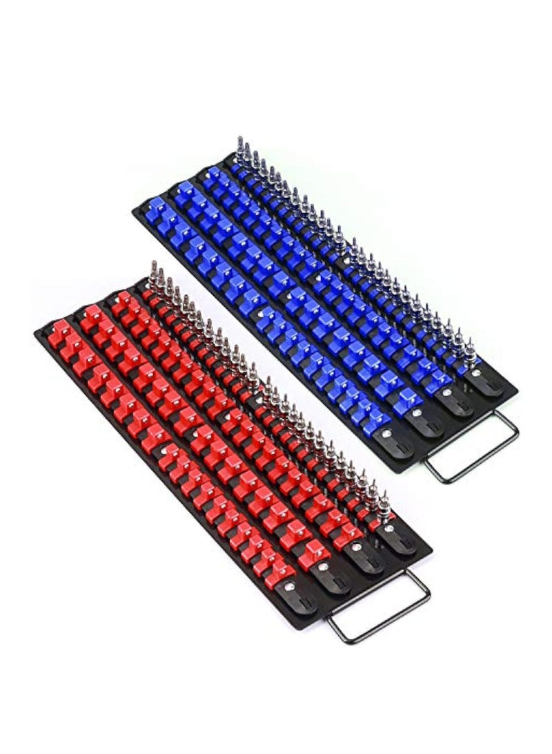 KASTWAVE 2Pcs Portable Socket Organizer Tray, 1/4-Inch, 3/8-Inch, 1/2-Inch Drive Sockets Storage Tray, Heavy Duty Socket Holder, Deep & Shallow Socket Holder Kit, Black Rails, Blue & Red Clips - Image 1