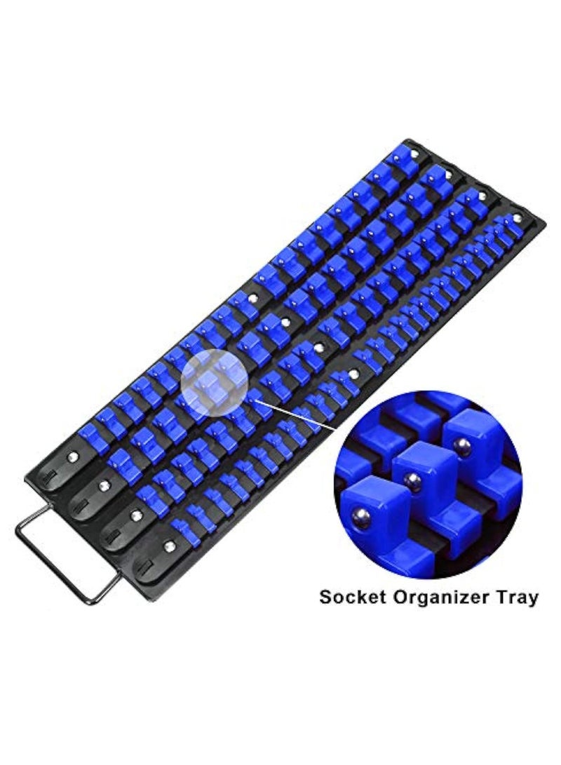 KASTWAVE 2Pcs Portable Socket Organizer Tray, 1/4-Inch, 3/8-Inch, 1/2-Inch Drive Sockets Storage Tray, Heavy Duty Socket Holder, Deep & Shallow Socket Holder Kit, Black Rails, Blue & Red Clips - Image 2