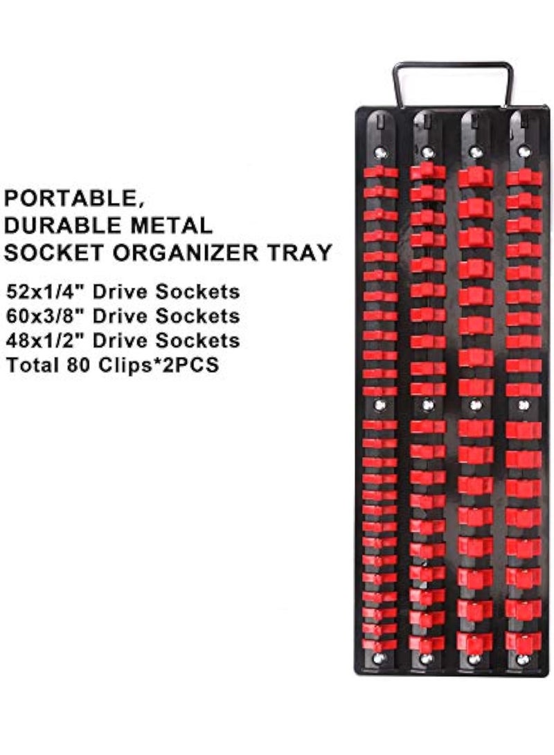 KASTWAVE 2Pcs Portable Socket Organizer Tray, 1/4-Inch, 3/8-Inch, 1/2-Inch Drive Sockets Storage Tray, Heavy Duty Socket Holder, Deep & Shallow Socket Holder Kit, Black Rails, Blue & Red Clips - Image 3