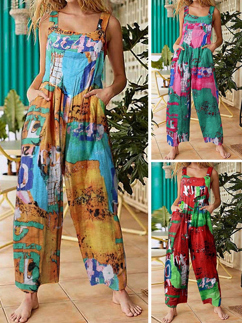 Women Jumpsuit with Pockets Sleeveless Wide Legs Plus Size Overalls - Image 3