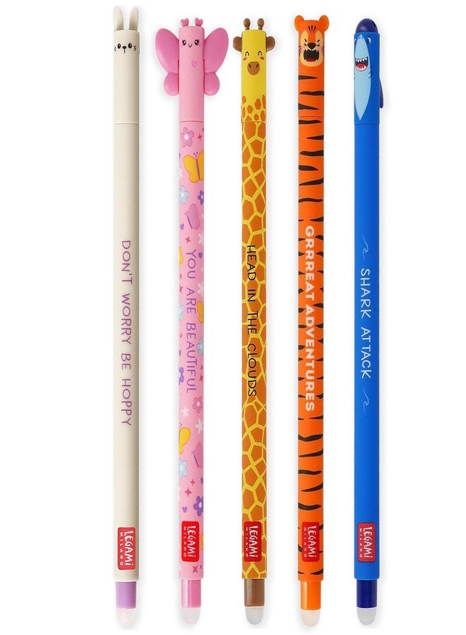 LEGAMI - Set of 5 Erasable Gel Pens with Thermosensitive Erase Ink, Range of ink colours & barrel designs, 0.7mm Tip, Bunny, Lion, Giraffe, Corgi, & Shark - Image 1
