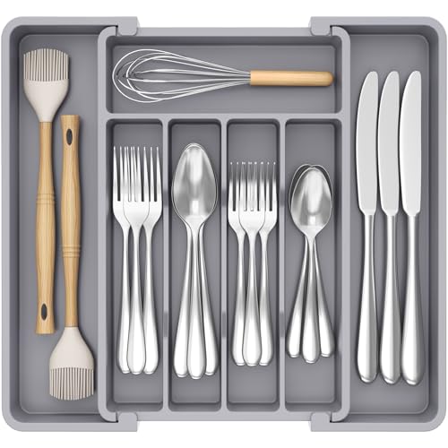 Lifewit Silverware Drawer Organizer, Expandable Utensil Tray for Kitchen, BPA Free Flatware and Cutlery Holder, Adjustable Plastic Storage for Spoons Forks Knives, 8.5-14 x 12", Gray - Image 1