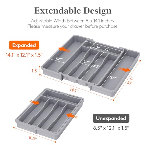 Lifewit Silverware Drawer Organizer, Expandable Utensil Tray for Kitchen, BPA Free Flatware and Cutlery Holder, Adjustable Plastic Storage for Spoons Forks Knives, 8.5-14 x 12", Gray - Image 2