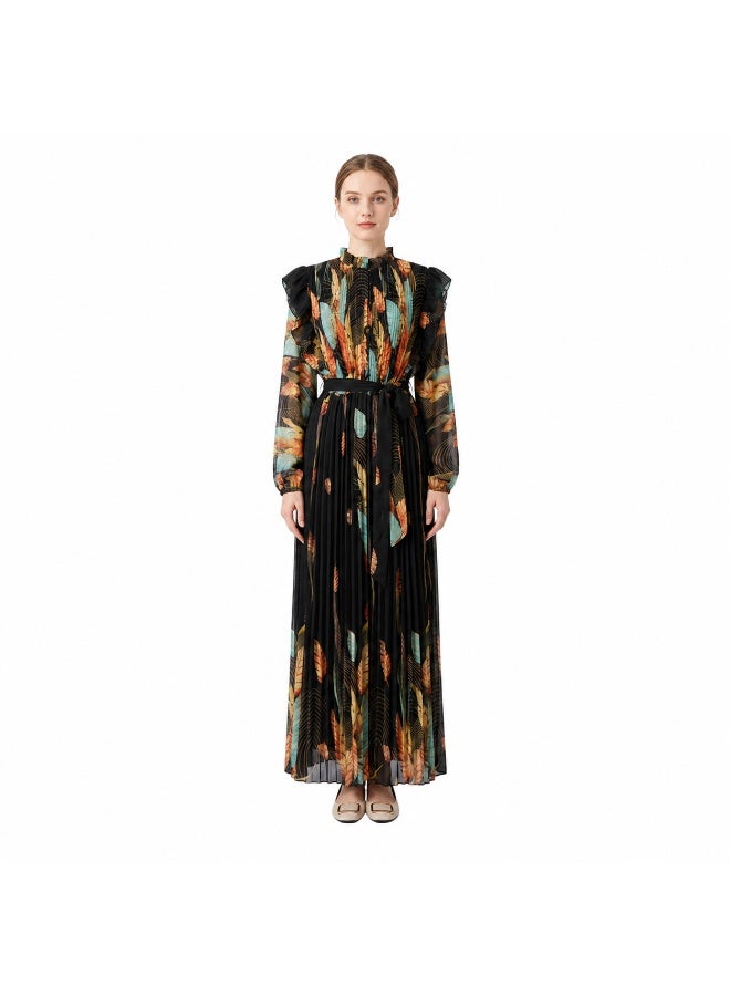 LokalMart Women's Feather Print Pleated Maxi Dress with Belt, Black, Small to Medium - Image 1