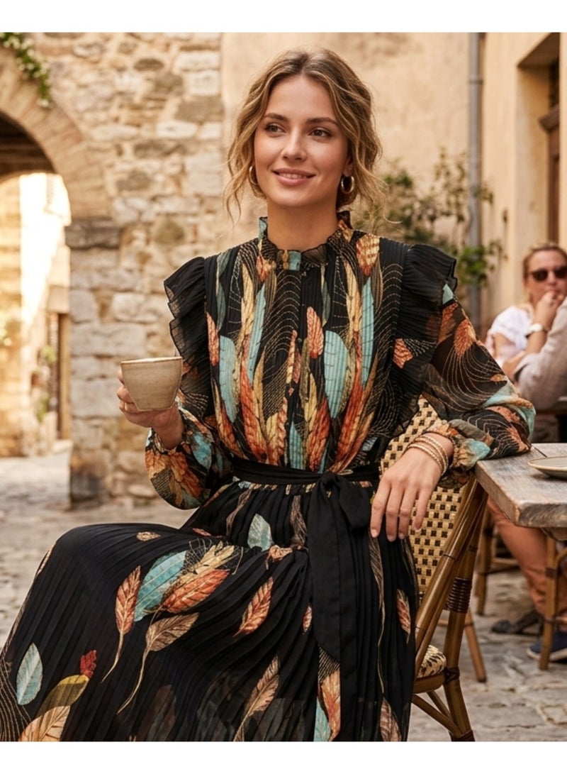 LokalMart Women's Feather Print Pleated Maxi Dress with Belt, Black, Small to Medium - Image 4
