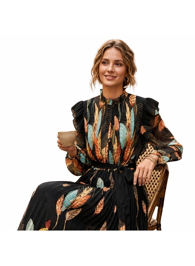 LokalMart Women's Feather Print Pleated Maxi Dress with Belt, Black, Small to Medium - Image 2