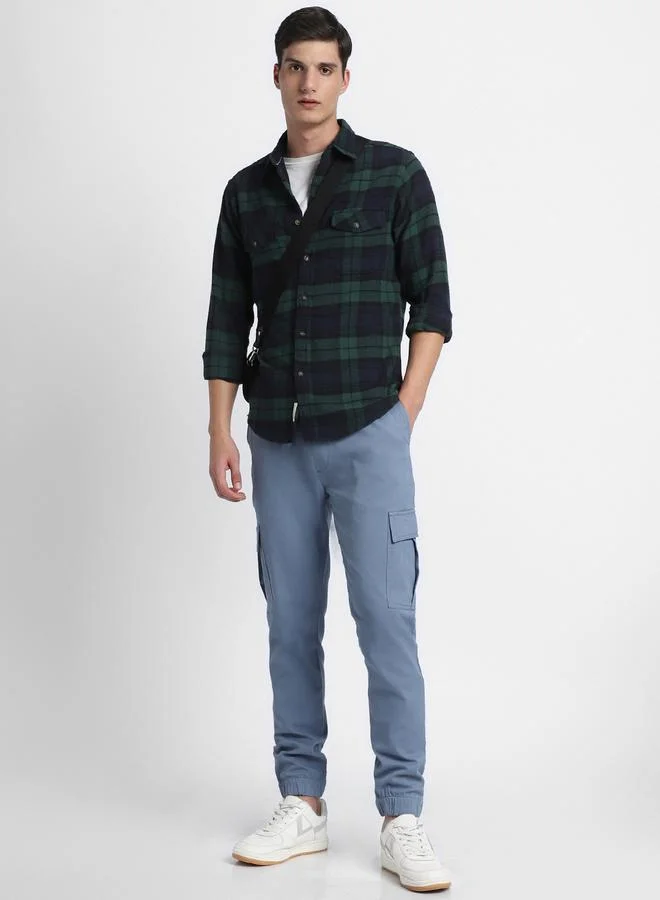 Slim Fit Steel Blue Men's Cotton Lycra Solid Cargo Trouser, Mid Rise, Full Length, Casual,