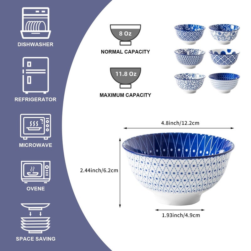 Cerkik Ceramic Dessert Bowls Set - 12 Oz Small Cereal Bowls 4.75 Inch Ice Cream Bowl for Fruit  Snack  Dipping Sauce  Side Dishes - Microwave Dishwasher Safe - Set of 6 - Vintage Blue - Image 4