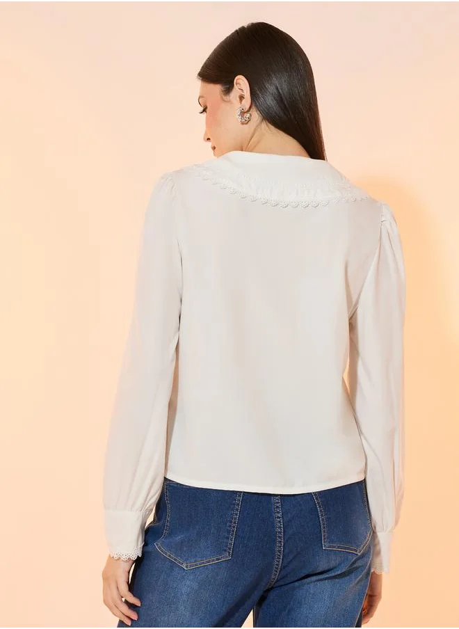تايك تو Solid Peter Pan Lace Collar Long Sleeves Shirt