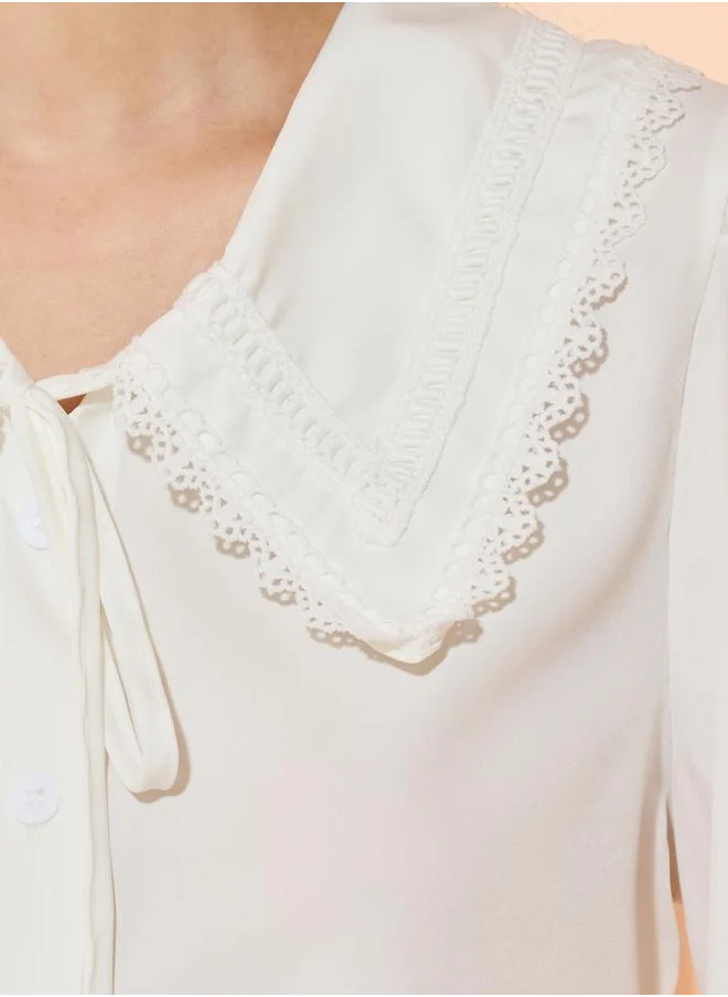 تايك تو Solid Peter Pan Lace Collar Long Sleeves Shirt
