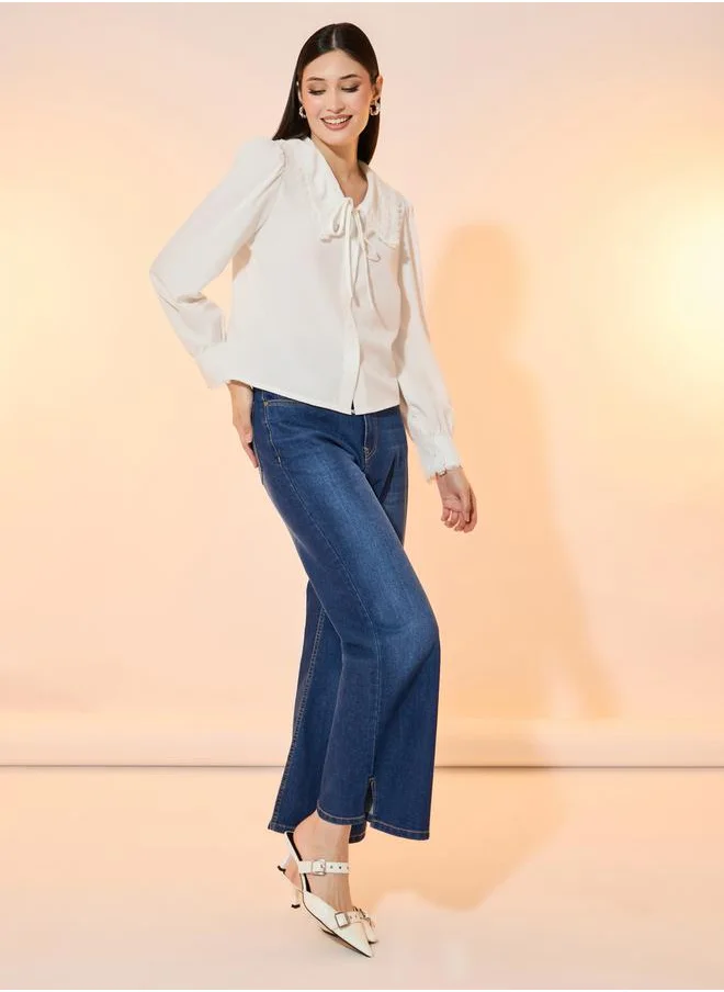 تايك تو Solid Peter Pan Lace Collar Long Sleeves Shirt