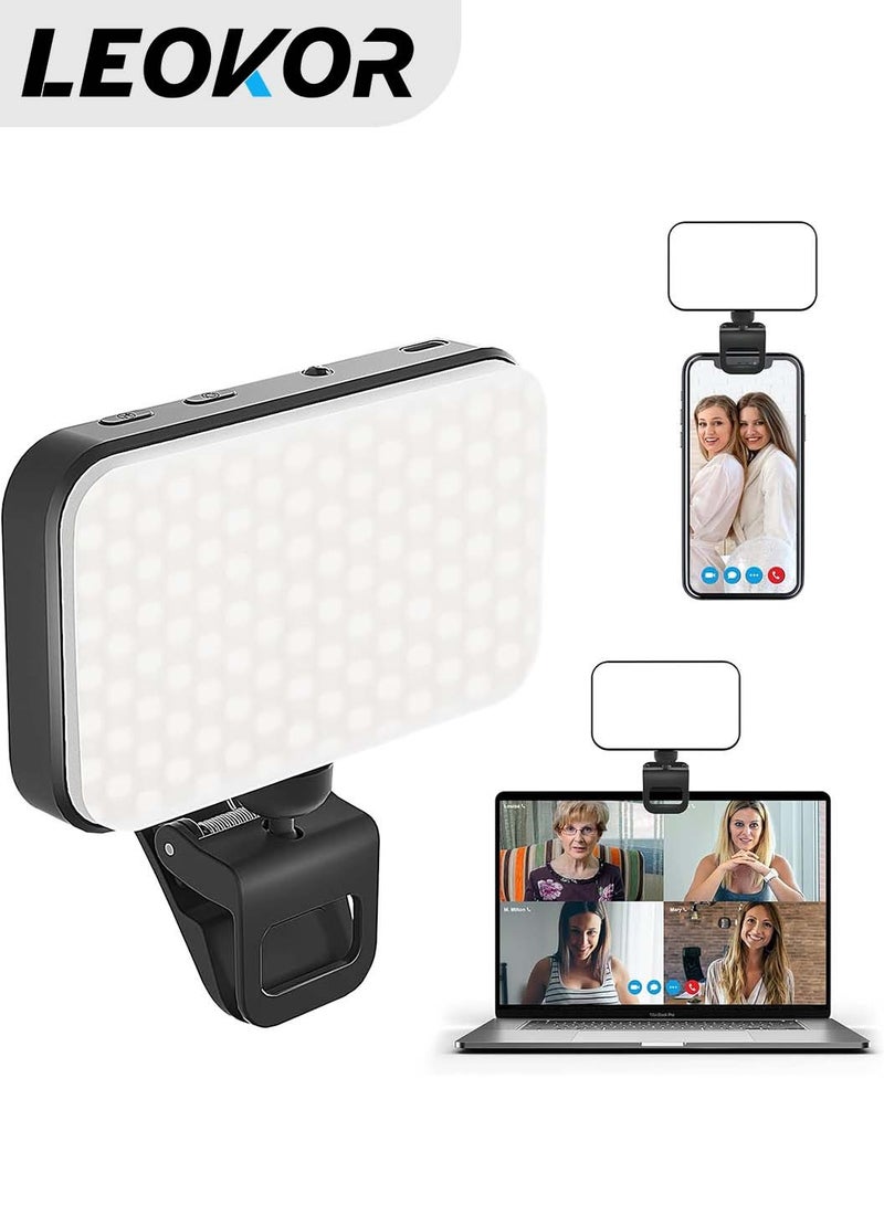 LEOKOR Photography Light, Clip on Phone Laptop, Portable Selfie Light with 66 Beads Multiple Modes, Rechargeable Mini Clip on Fill Lights with 360° Rotatable, for Videos Conference TikTok, Black - Image 1